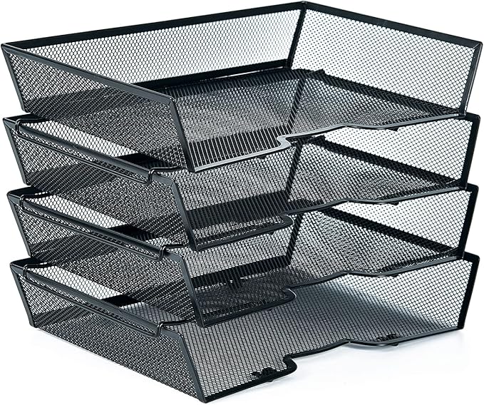 SETTFRFE 4 Tier Metal Mesh Desk Organizer-Stackable Letter Trays for Office Supplies,Black File Storage System with Reinforced Edges