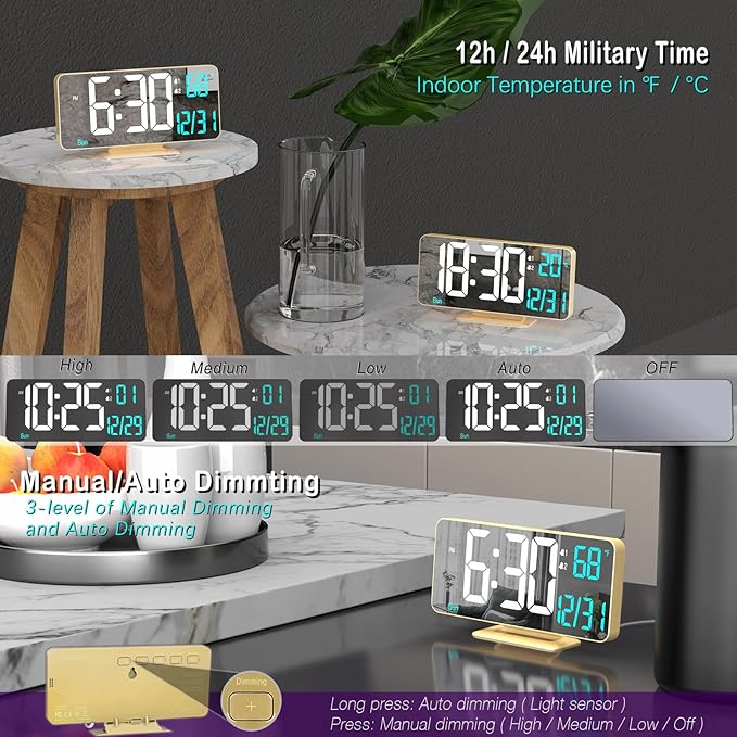 KOSUMOSU Dual Alarm Clock 6.7in Gold Desk Clock with Dimming, 12/24h, Seconds, Date, Day of Week, Temp, Digital LED Clock for Bedroom, Digital Calendar Clocks for Living Room Gold Desk Accessories