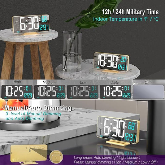 KOSUMOSU Dual Alarm Clock 6.7in Gold Desk Clock with Dimming, 12/24h, Seconds, Date, Day of Week, Temp, Digital LED Clock for Bedroom, Digital Calendar Clocks for Living Room Gold Desk Accessories