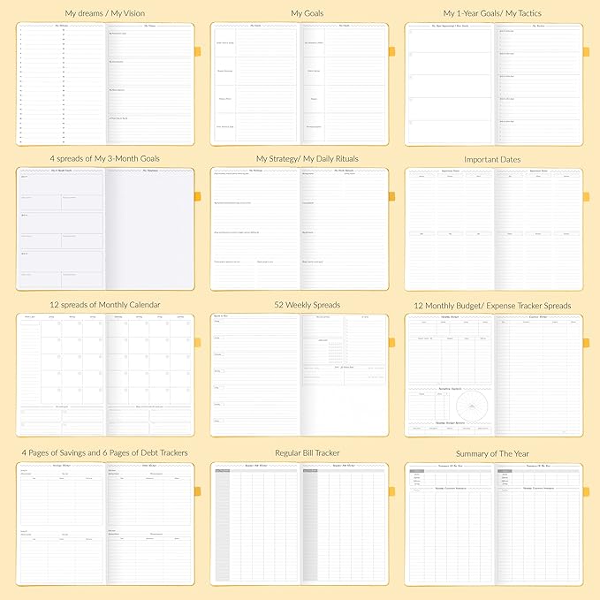 GoGirl Planner PRO - Undated Horizontal Layout Weekly Planner and Organizer + Budgeting and Expense Tracking Pages, Goals Journal & Agenda, 7" x 10" Hardcover, Lasts 1 Year - Amber Yellow