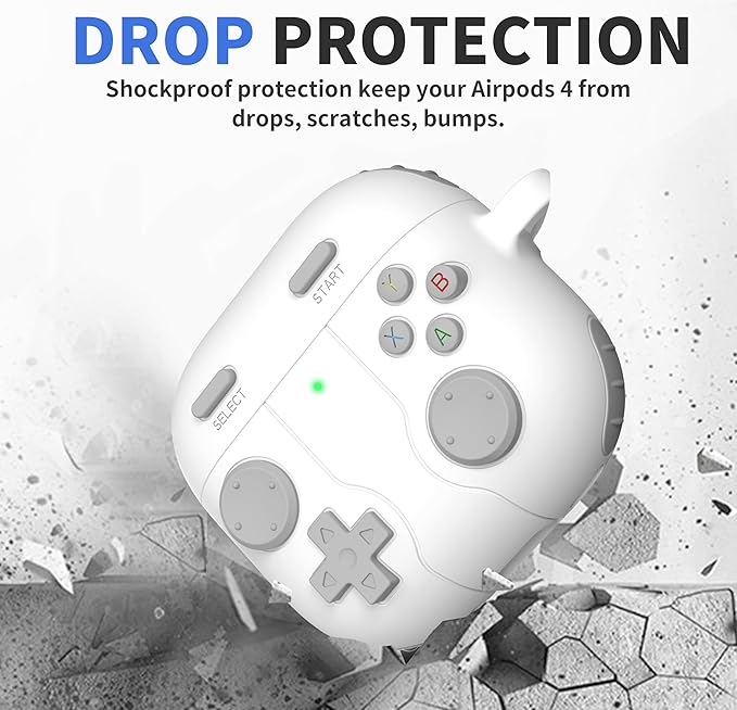DamonLight Game Case for AirPods 4 Cover Shock-Proof Protective Silicone Case with Cleaning Pen and Keychain Accessories for Apple Airpods 4th Generation (White)