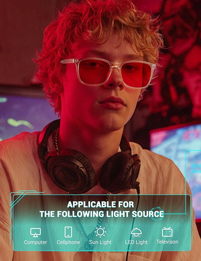 TIJN Sleep Glasses with Blue Green Light Blocking, Red Light Lens for Computer Gaming, Screen Fatigue & UV Protection