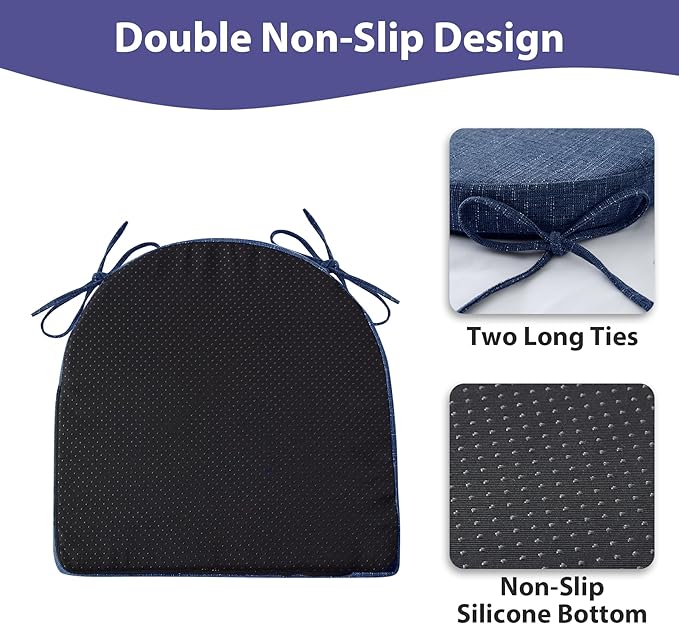 Chair Cushions for Dining Chairs with Ties and Removable Cover, Dining Kitchen Chair Pads with Non-Slip Bottom, High-Resilience Indoor Seat Cushions, 16'' x 16'' x 2'', Set of 4, Navy