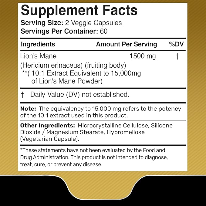 Lions Mane Supplement Capsules - 120 Count - Mushroom Supplement, Brain Supplements for Memory and Focus, Lion's Mane Mushroom Capsules - Cognitive & Immune Support, Focus Supplement - 2 Pack