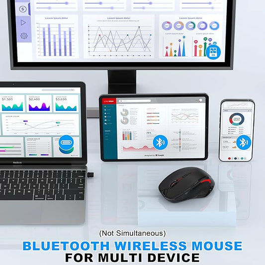 Bluetooth Wireless Computer Mouse, 2.4G Rechargeable Small Ergonomic Optical Mouse Jiggler for Office/Home with Forward/Back Buttons & USB-C/USB-A for Laptop, Desktop, PC, Mac, MacBook - Black