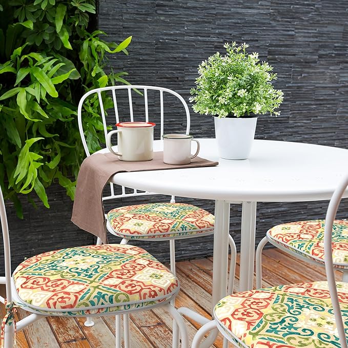 Indoor/Outdoor Chair Cushions 16x17 Inch, Patio Chair Cushions with Ties, All Weather Seat Cushions for Patio Furniture Home Garden Chair Use, Set of 2,Geometric Orange