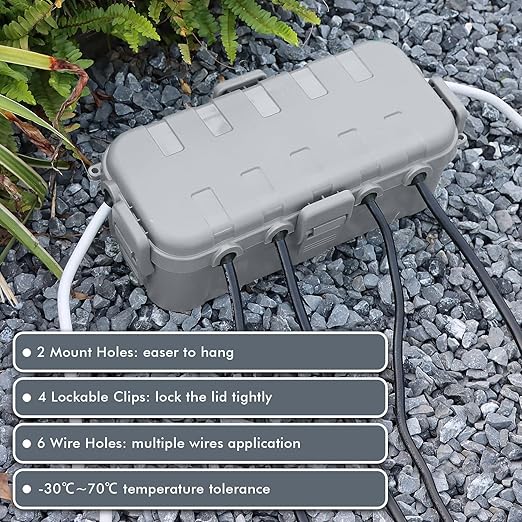 RESTMO Outdoor Electrical Box, IP54 Weatherproof Extension Cord Cover with 6 Cable Entry Ports, Waterproof Connection Box Protect Power Strip, Timer, Plug (11.5x5.2x4 inch), Light Gray