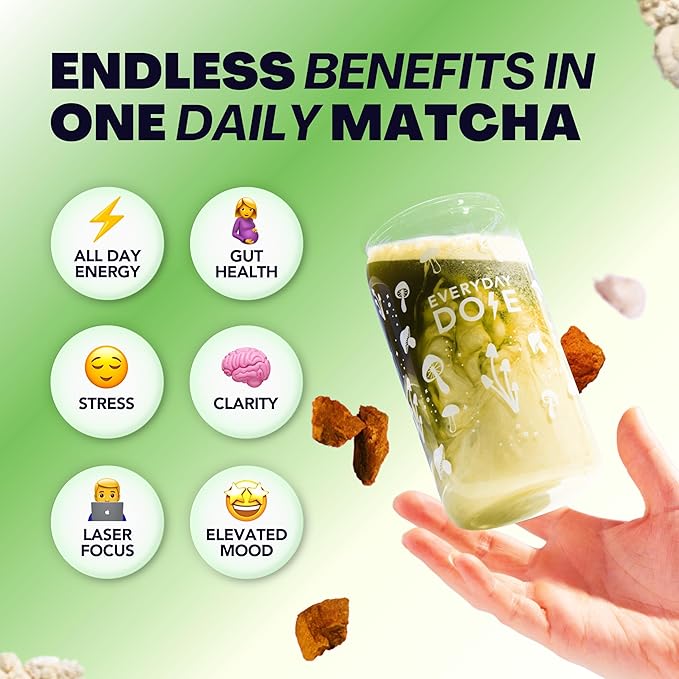 Everyday Dose Mushroom Matcha+ Ceremonial Grade Matcha Powder - Japanese Tea With Grass-Fed Collagen, Lion's Mane, Chaga, L-Theanine - For Better Focus, Energy, Digestion and Immunity - 30 Servings