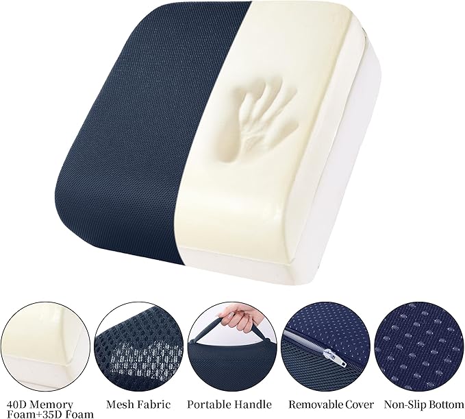 MABOZOO Extra Thick Chair Cushions, Office Chair Booster Seat Cushion to Raise Seat Height for Pain Relief,18 x 16 x 6 inch Non Slip Memory Foam Thick Cushion with Carry Handle（Navy Blue）
