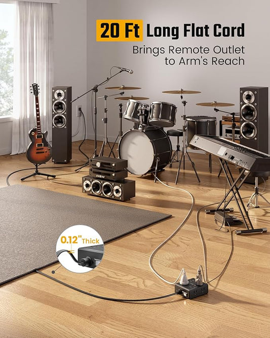 20Ft Long Extension Cord, Flat Plug Power Strip Surge Protector, 8 Outlet 4 USB Ports (2 USB C), Wall Mountable, Desk Charging Station for Home Office, College Dorm Room Essentials (Black)