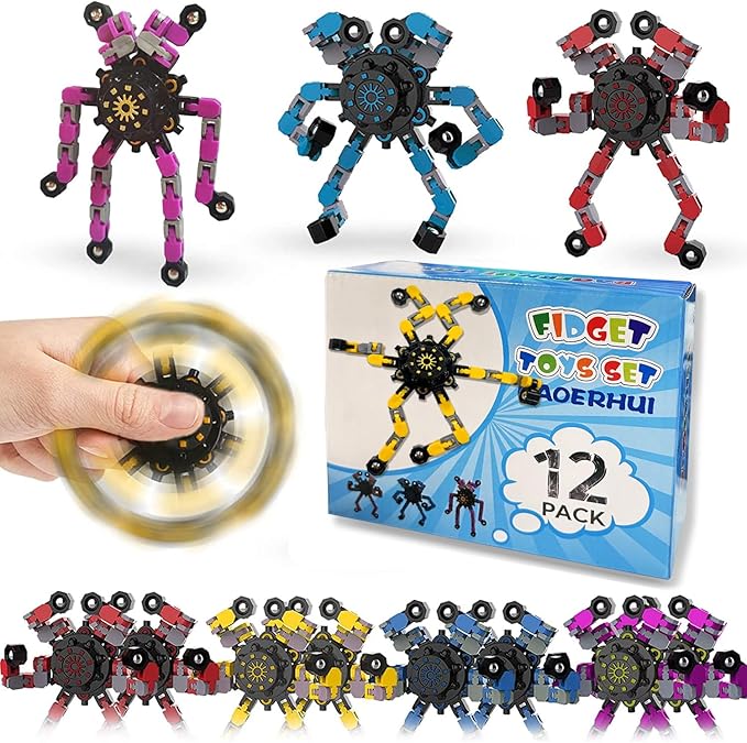 12 Pack Funny Sensory Fidget Toys,Deformable Chain DIY Robot Spinners Fingertip Stress Relief Gyro Toy Birthday Gifts Christmas Goodie Bag Stuffers Classroom Prizes Party Favors for Kids Adults