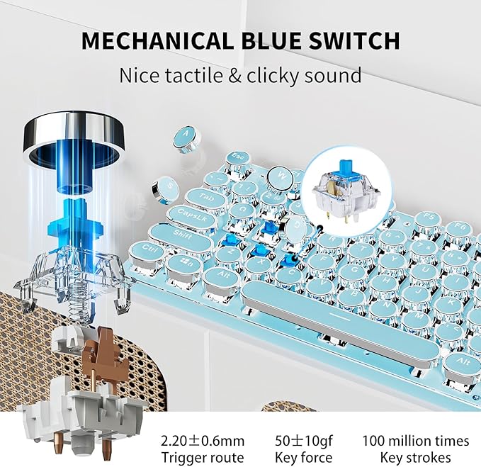 EWEADN TK950 Typewriter Keyboard Wireless Mechanical Keyboard, 104 Keys Aesthetic Typewriter Keyboards with White Backlit, Anti-Ghosting, Blue Switch Bluetooth/2.4GHz/Wired Keyboards-Blue