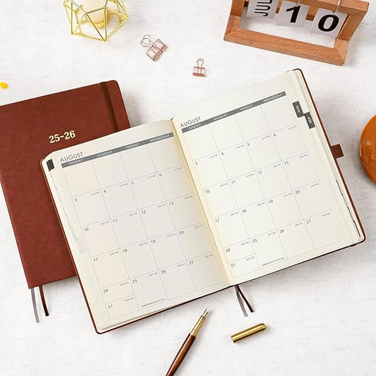 Vondafe 2025-2026 Leather Academic Planner, Weekly Monthly, Jul.2025 - Jun.2026, 9" x 11", Inner Pocket + Elastic Closure + Pen Loop + Bookmarks, Leather Hardcover - Brown