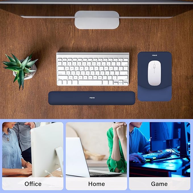 MOSISO Wrist Rest Support for Mouse Pad&Keyboard Set, Rectangular Ergonomic Mousepad Non-Slip Base Home/Office Pain Relief&Easy Typing Pad with Neoprene Cloth&Raised Curved Memory Foam, Navy Blue