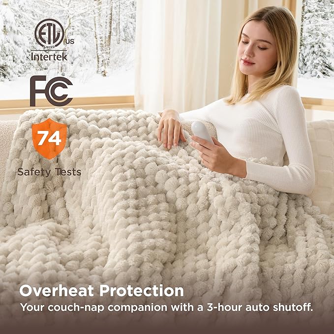 Bedsure Heated Blanket Throw - Super Soft Flannel Sherpa Electric Blanket with Bubble Pattern, Heating with 6 Heating Levels, 4 Time Settings, and 3-Hour Auto-Off (Light Brown, 50x60 inches)