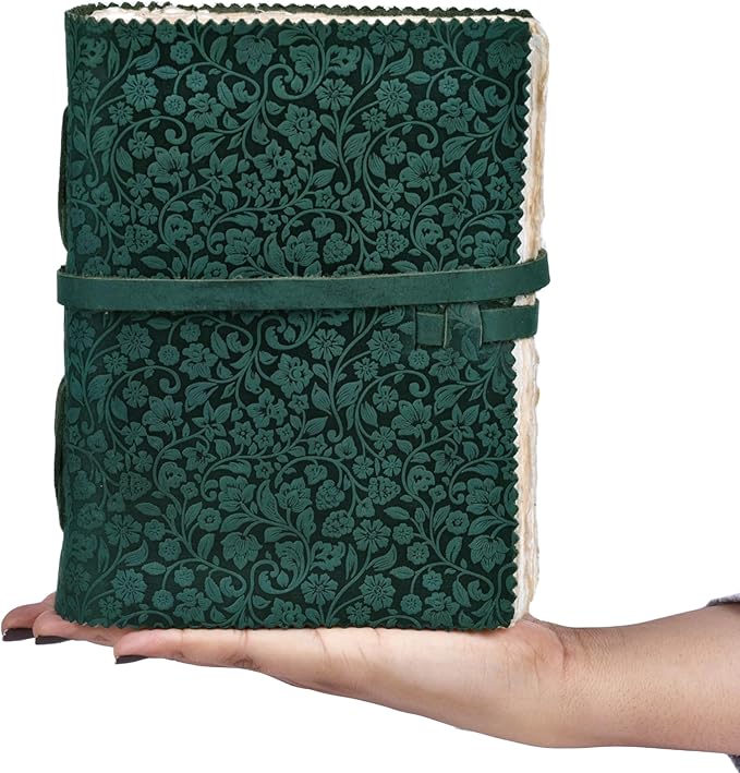 LEATHER VILLAGE Leather Bound Floral Embossed Journal for Women Men - 200 Pages, 13X8 Inches, Turquoise - Book of Shadows, Vintage Blank Paper Travel Diary, Notebook for Writing, Drawing, Sketchbook