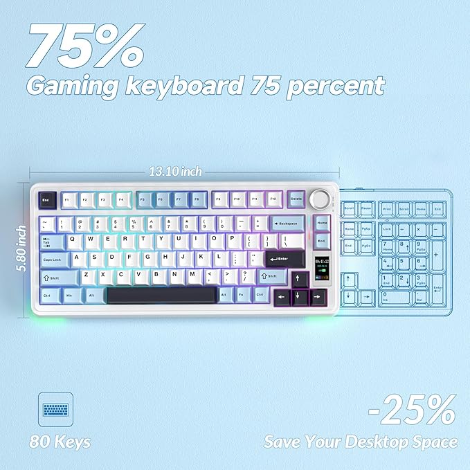 AULA S75 PRO Wireless Mechanical Keyboard with Screen&Knob, 75% Hot Swappable Gaming Keyboard with Pre-lubed Switches, RGB Backlit, PBT Keycaps Creamy Sounding Pc Gaming Keyboards