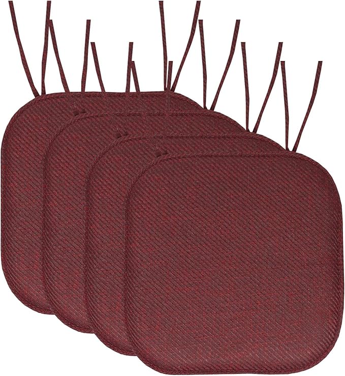 Sweet Home Collection Chair Cushion Memory Foam Pads with Ties Honeycomb Pattern Slip Non Skid Rubber Back Rounded Square 16" x 16" Seat Cover, 4 Count (Pack of 1)
