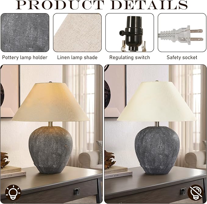 Pia Ricco 21'' Large Gray Base Ceramic Basin Table Lamp for Bedroom, Living Room, Dining Room, Office, White Shade