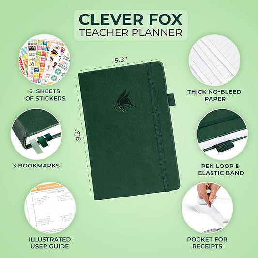 Clever Fox Teacher Planner – School Year Planner with Calendars & Lesson Plans – Teacher Plan Book for Classroom & Homeschool Organization - Undated, A5 Size, Hardcover (Dark Green)