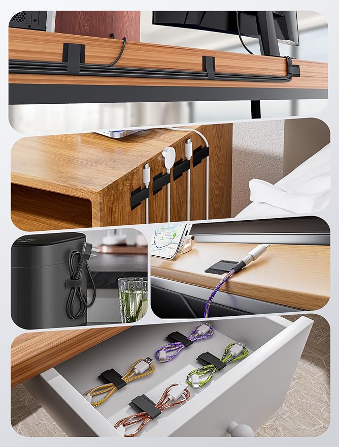 100pcs Hook and Loop Cable Ties, gliship Adhesive Wire Management, Adjustable Cable Straps Cord Wrappers Keeper Cord Holder, Sticky-back Cord Organizer for Kitchen Appliances at Office, Home - Black