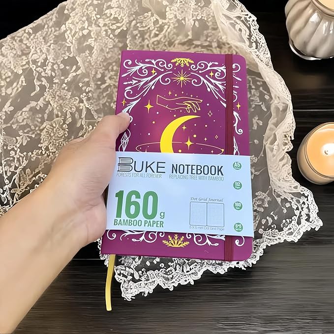 BUKE A5 Dotted Journal – 160gsm Ultra Bamboo Paper, Moon & Star Foil Cover, Flat Lay Notebook with Gift Box – 160 Pages, 5mm Dot Grid, Faux Leather Hardcover (Red)
