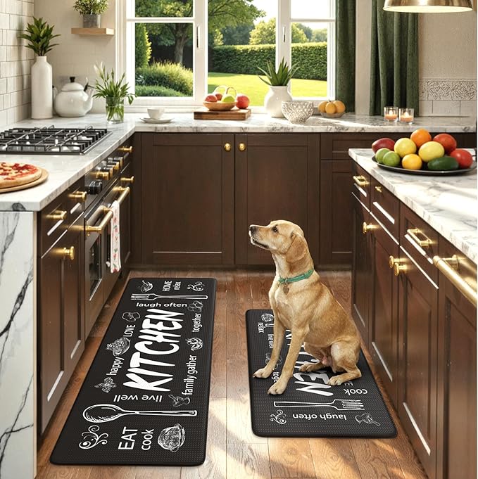 KIMODE Kitchen Mats 2PCS,Cushioned Anti Fatigue Farmhouse Kitchen Rugs and Mats,Non Slip Waterproof Kitchen Mats for Floor,Comfort Foam Standing Desk Mat for Home,Kitchen,Sink,Laundry,Black
