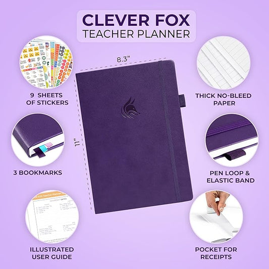 Clever Fox Teacher Planner – School Year Planner with Calendars & Lesson Plans – Book for Classroom & Homeschool Organization, A4 (Purple)