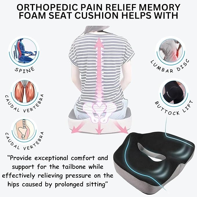 Large Memory Foam Seat Cushion for Office Chair, Wheelchair, Ergonomic Chair Cushion for Hip Pain, Ideal for Sciatica, Back Pain Relief, Tailbone Support, Booster Seat, Removable & Washable Cover