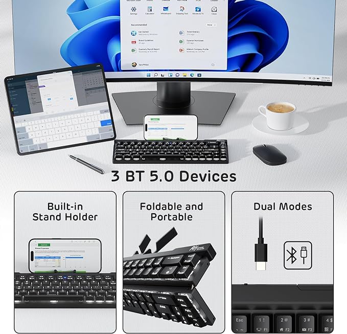 RK ROYAL KLUDGE F68 60% Foldable Low Profile Mechanical Keyboard, Wireless Mechanical Keyboard with Aluminum Body, Built-in Stand Holder, White Backlit, 68 Keys