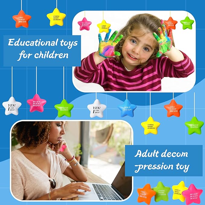 Chalyna 30 Pieces Motivational Star Stress Ball Quote Relief , 2.2 Inch PU Foam Stress Toys Bulk Sensory Star Toy Gifts for Kids Teens Adults Relieve Anxiety Party Supplies(Bright Colors)