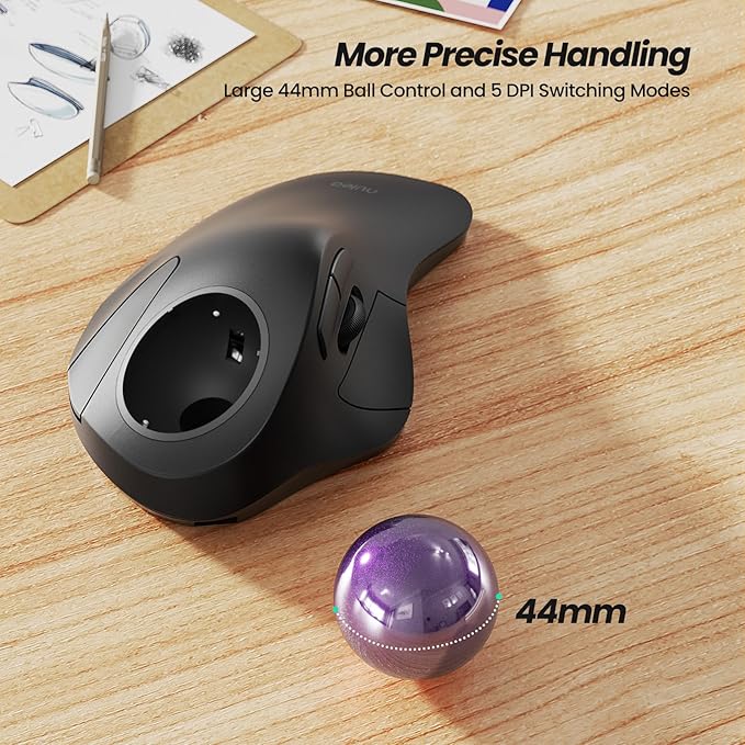 Nulea Wireless Ergonomic Trackball Mouse, Rechargeable, Bluetooth Rollerball Mouse, 44mm Index Finger Trackball, 5 Adjustable DPI, Compatible with PC, Laptop, iPad, Mac, Windows, Android