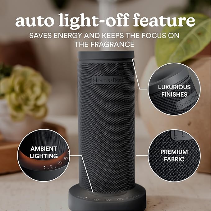 Homedics SereneScent Mini Fabric Rechargeable Waterless Diffuser, Cordless Aromatherapy Device, Use with SereneScent Oil 15ml (Sold Separately), Adjustable Mist Intensity & Ambient Light, Charcoal