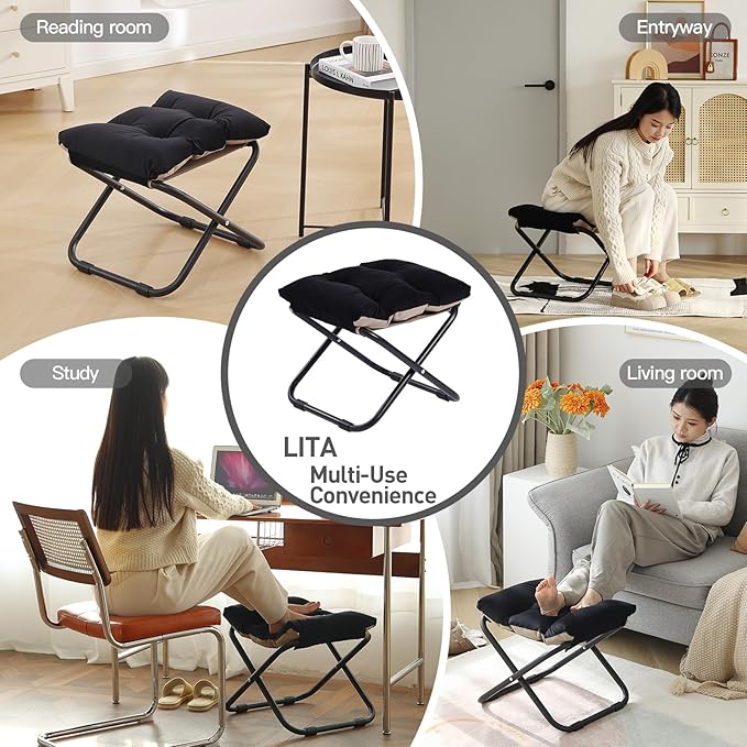 LITA Folding Upholstered Footrest Stool with Straight & Square Shape, Black