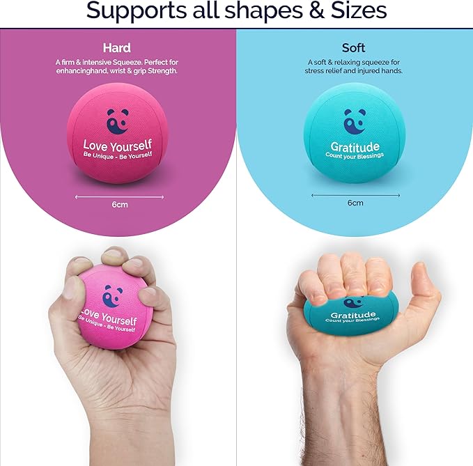 Mind & Body Stress Balls for Adults - Triple Density Squeeze Balls for Hand Therapy & Grip Strengthening - Stress & Anxiety Relief - Physical Therapy Support - Soft, Medium, Hard Gel Core