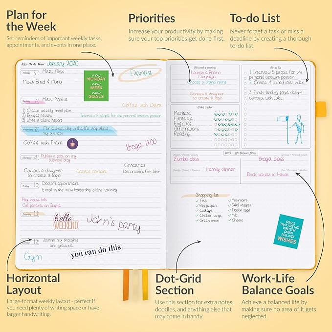 GoGirl Planner PRO - Undated Horizontal Layout Weekly Planner and Organizer + Budgeting and Expense Tracking Pages, Goals Journal & Agenda, 7" x 10" Hardcover, Lasts 1 Year - Amber Yellow