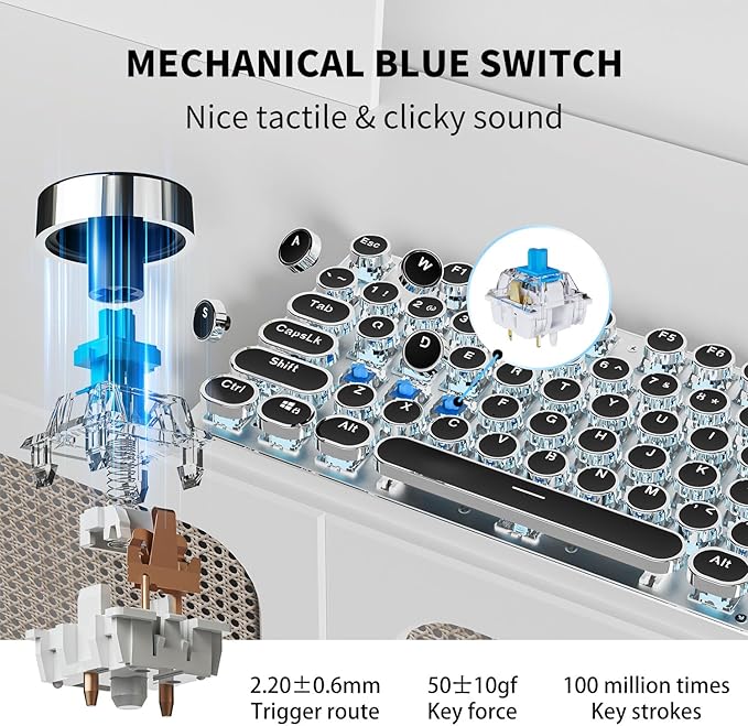 EWEADN TK950 Typewriter Keyboard Wireless Mechanical Keyboard, 104 Keys Aesthetic Typewriter Keyboards with Blue Backlit, Anti-Ghosting, Blue Switch Bluetooth/2.4GHz/Wired Cute keyboards-Black