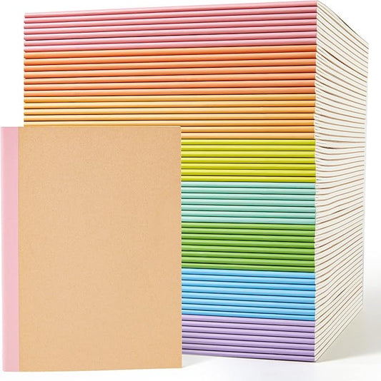 feela 56 Pack Composition Notebooks Bulk, Kraft Cover Lined Blank College Ruled Composition Travel Journals with Rainbow Spines For Women Students Business, 60 Pages, 8.3”x 5.5”, A5, 8 Pastel Colors