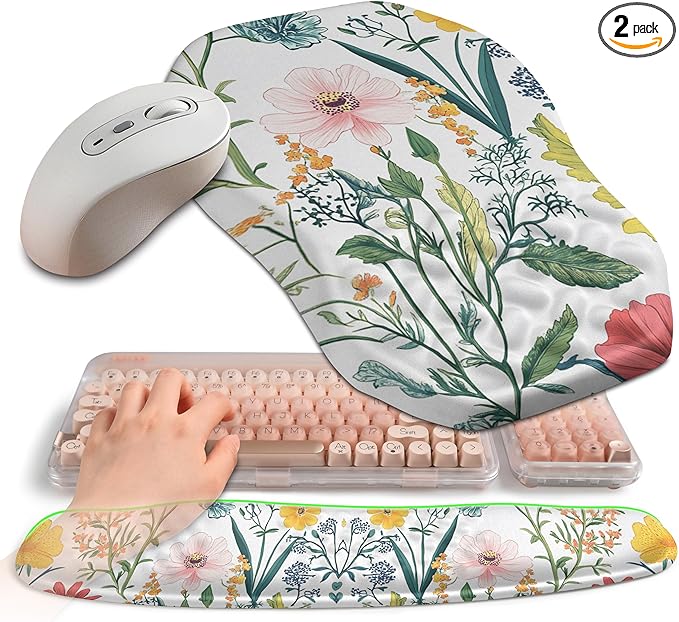 2-in-1 Ergonomic Set, Wave Keyboard Wrist Rest and Massage Slope Mouse Pad Wrist Support, Rebound Memory Foam for Relieve Carpal Tunnel Syndrome and Wrist Pain (Pink Flowers)