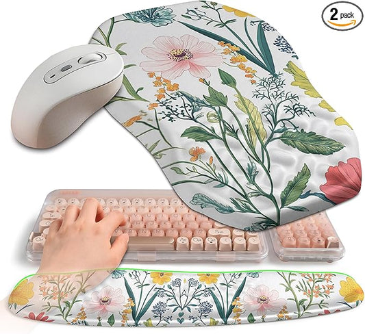 2-in-1 Ergonomic Set, Wave Keyboard Wrist Rest and Massage Slope Mouse Pad Wrist Support, Rebound Memory Foam for Relieve Carpal Tunnel Syndrome and Wrist Pain (Pink Flowers)