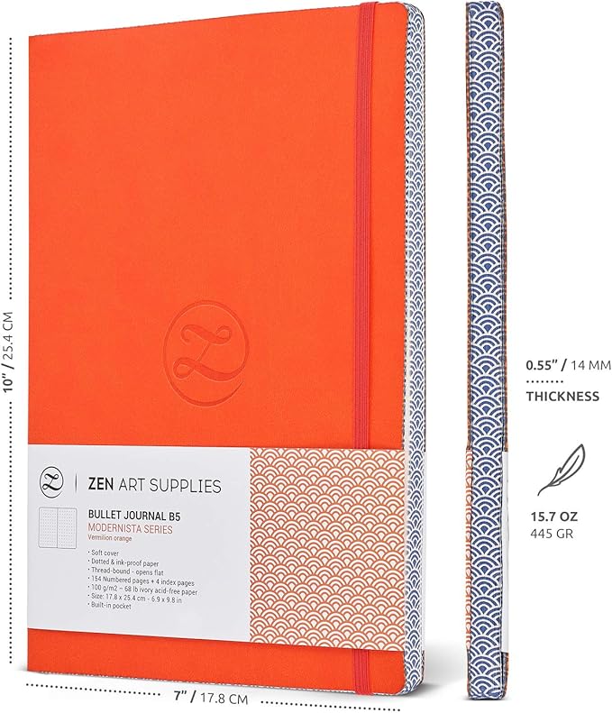 Soft Cover Large B5 Dotted Journal - Enjoy Bullet Journaling with a 7x10-inch, Non-Bleed Thick 120gsm Paper, Dot Journal in Orange, Japanese Edge Motif - Faux Leather Lay Flat Dot Notebook - ZenART