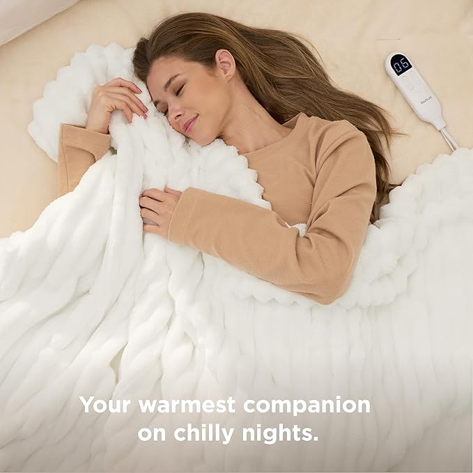 Bedsure Electric Blanket Twin - Thick Striped Flannel Electric Blanket, Heating with 10 Time Settings, 6 Heat Settings, and 8-Hour Timer Auto Shut Off, Gift for Grandma (62x84 inches, White)