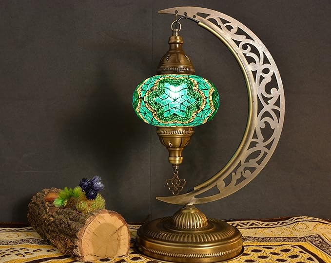 mozaist Turkish Stained Glass Luna Shape Table Lamp, Moroccan Crescent Tiffany Style Handmade Desk Light, Rustic Moon Living Room, Mosaic Lampshade Office Decorative Dim Lighting (Emerald Green)