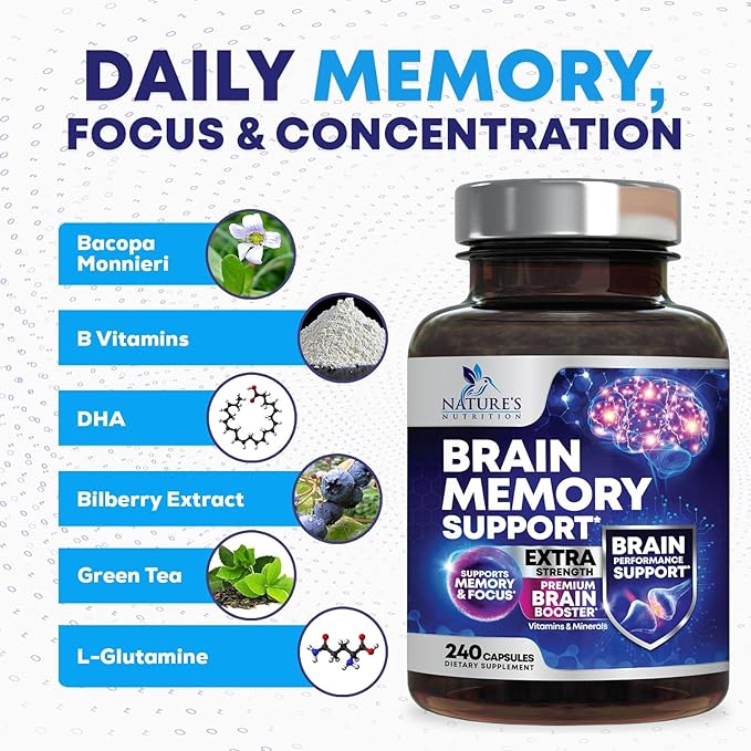 Brain Memory Supplement Pills - Nootropics Support for Concentration, Clarity, Alertness & Focus - Brain Health with Bacopa, Cognitive Vitamins, Phosphatidylserine, DMAE - Brain Booster - 240 Capsules