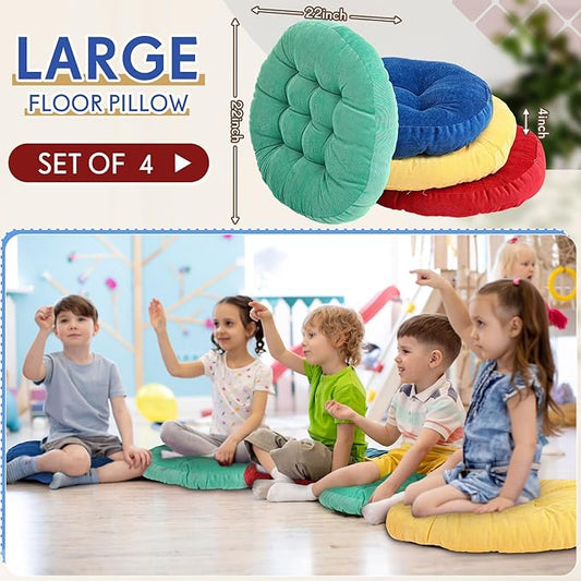 Jerify 4 Pcs Floor Pillow Cushions 22 x 22 Inch Round Square Large Meditation Floor Pillow for Classroom Adult Meditation Picnic Party Cushion for Seating Gift Christmas(Colorful,Round)