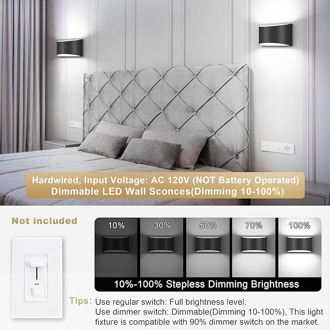 TRLIFE Modern Wall Sconces, 3000K/4000K/6000K Selectable and Dimmable LED Wall Sconce 12W Aluminum Wall Mounted Light Set of 2 Hardwired Wall Sconces for Bedroom Bedside Living Room Hallway(Black,2P)