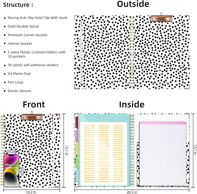 Ospelelf Clipboard with Storage 8.5 X 11，Padfolio Organizer, Spiral Portfolio Letter Size with Notepad, Pen Holder, 5 Extra Folder Divider Pages, Elastic Closure Nurse Office Essentials (Polka Dots)