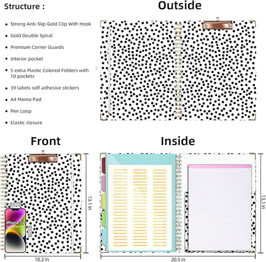 Ospelelf Clipboard with Storage 8.5 X 11，Padfolio Organizer, Spiral Portfolio Letter Size with Notepad, Pen Holder, 5 Extra Folder Divider Pages, Elastic Closure Nurse Office Essentials (Polka Dots)