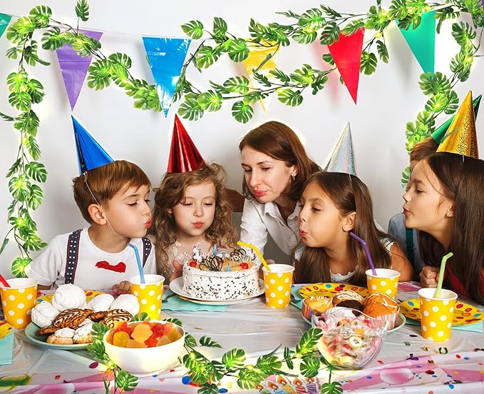 RECUTMS Artificial Monstera Leaf Vines Whit Light 2Pcs, 5.9FT Fake Hanging Ivy Plant Faux Tropical Palm Leaves Greenery Vine Garland Indoor Outdoor Garden Porch Patio Jungle Luau Birthday Party Décor