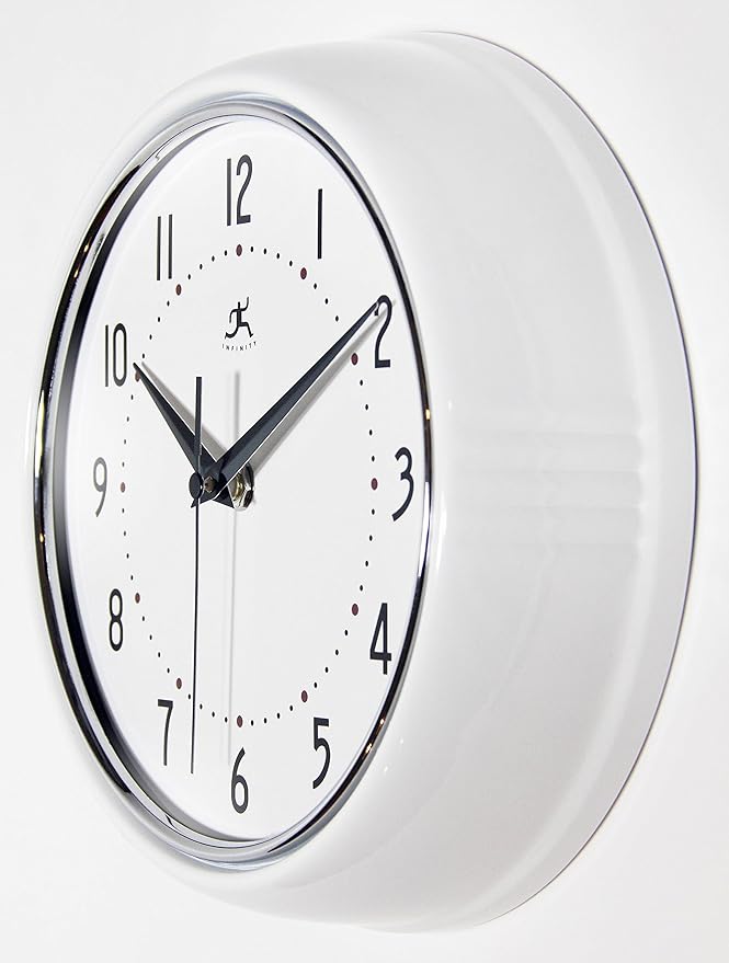 Infinity Instruments LTD. Retro 9 inch Silent Sweep Non-Ticking Mid Century Modern Kitchen Diner Wall Clock Quartz Movement Retro Wall Clock Decorative (White)…